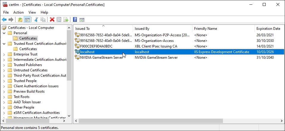 Certificate manager computer personal screenshot