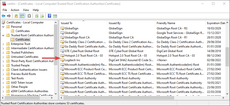 Certificate manager computer trusted root screenshot