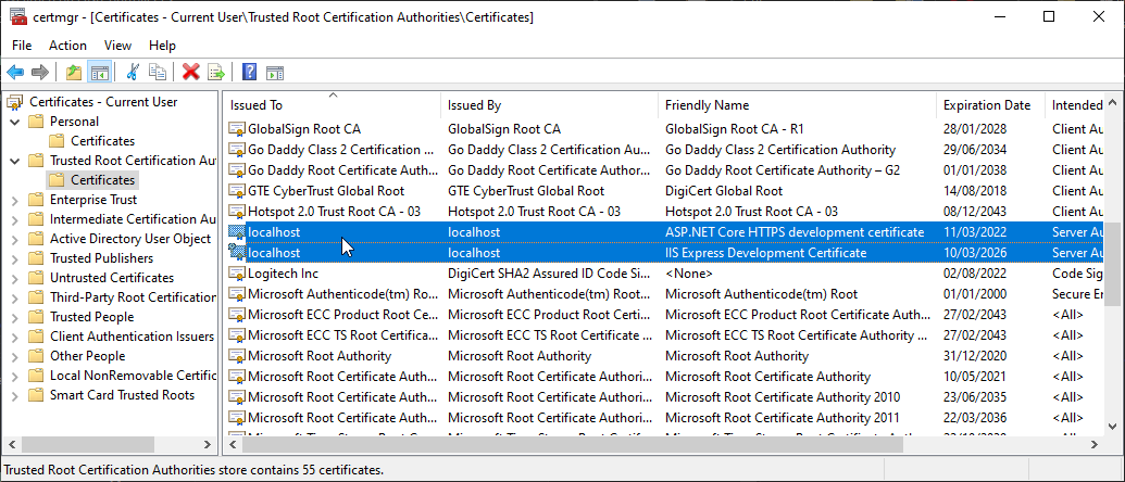 Certificate manager user trusted root screenshot