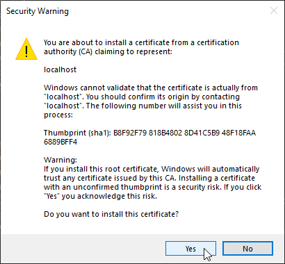 Visual studio running a Web API with IIS Express SSL pop-up warning screenshot