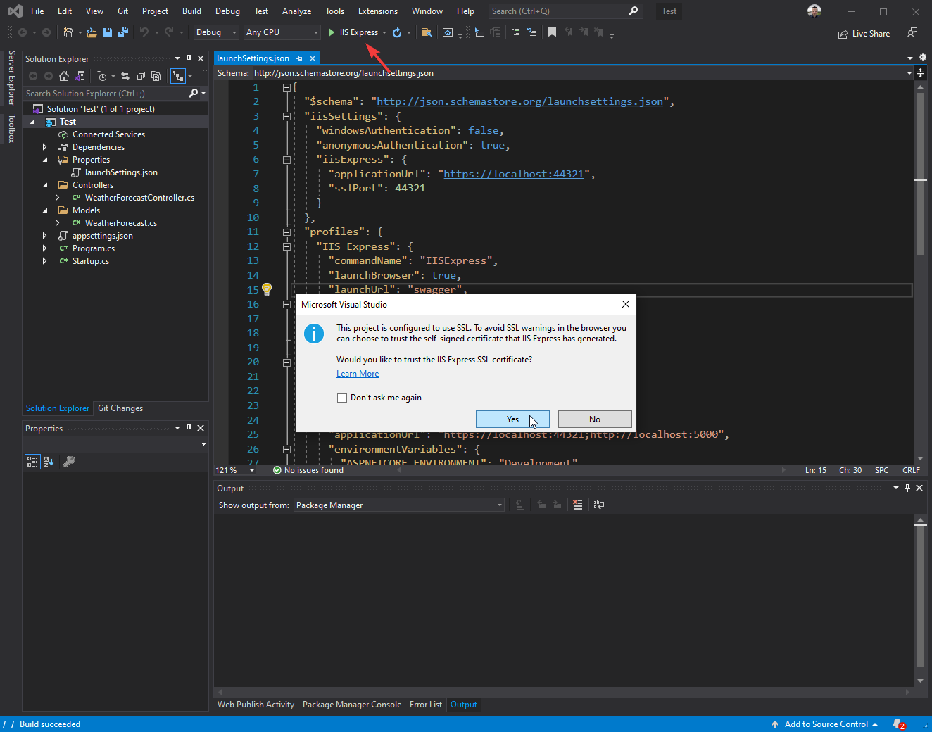 Visual studio running a Web API with IIS Express SSL pop-up screenshot