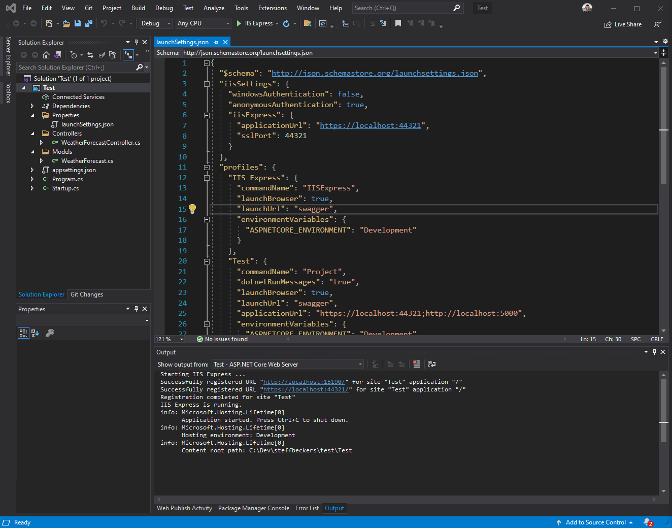 Visual studio running a Web API with IIS Express with output screenshot