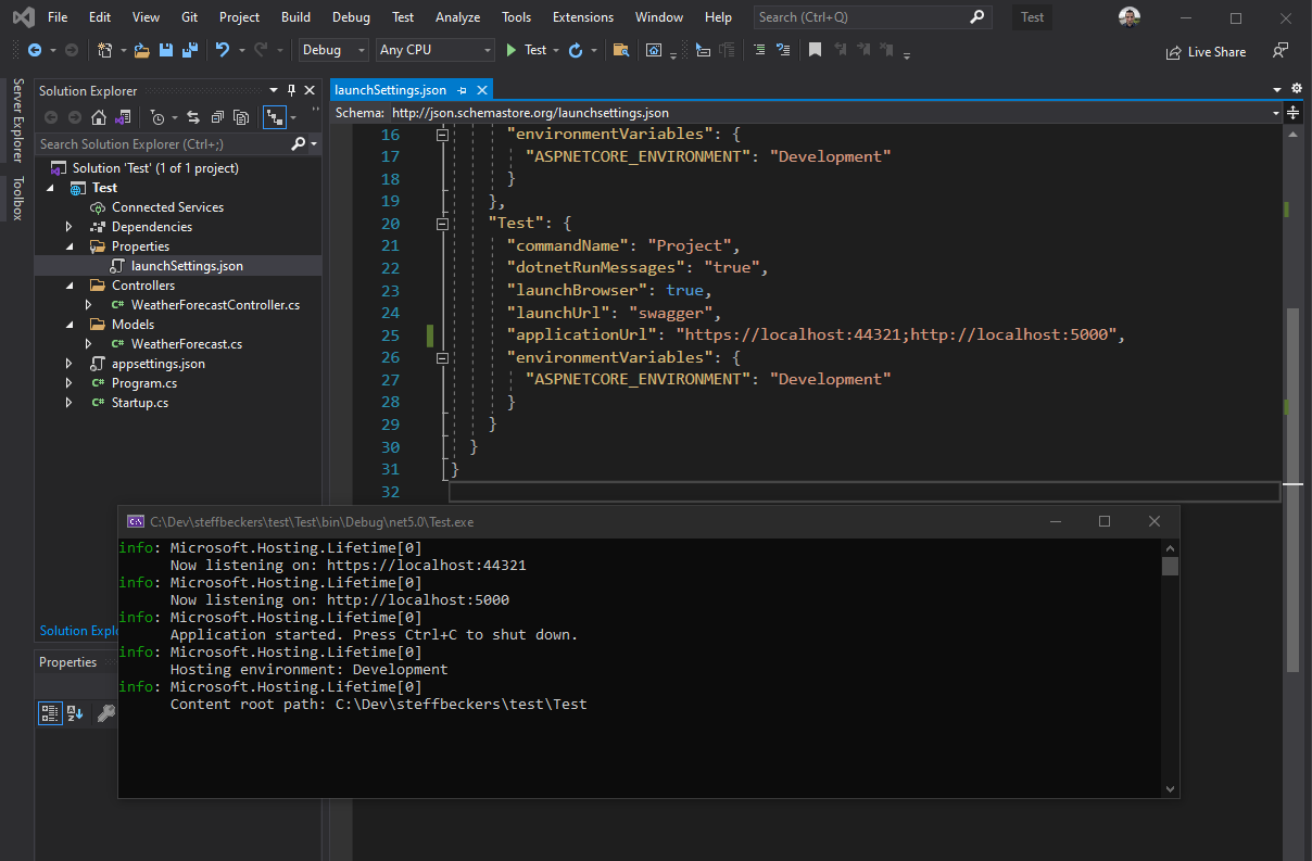 Visual studio running a Web API with Kestrel screenshot