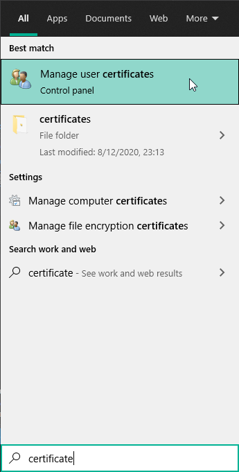 Windows search certificate screenshot