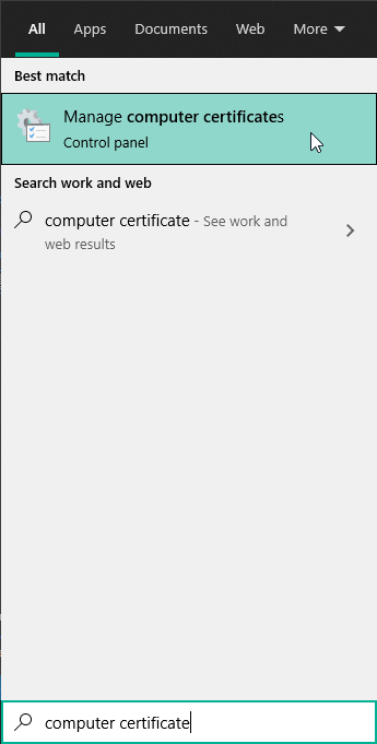 Windows search computer certificate screenshot